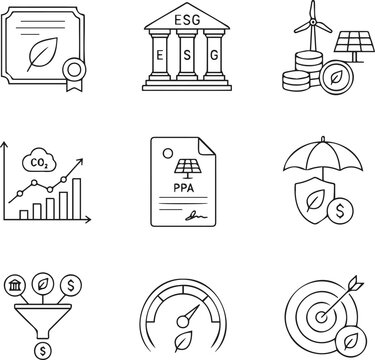 ESG corporate compliance green finance carbon credit and ppa agreement vector outline icons set