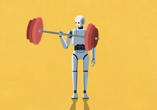Humanoid robot weightlifting, lifting heavy barbell with one arm