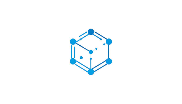Abstract geometric cube structure with connected blue dots on a white background, representing data or network