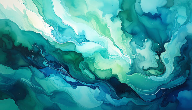 Abstract flowing watercolor paint effect with swirling waves in shades of teal, aqua, and emerald green, representing fluid motion and organic textures