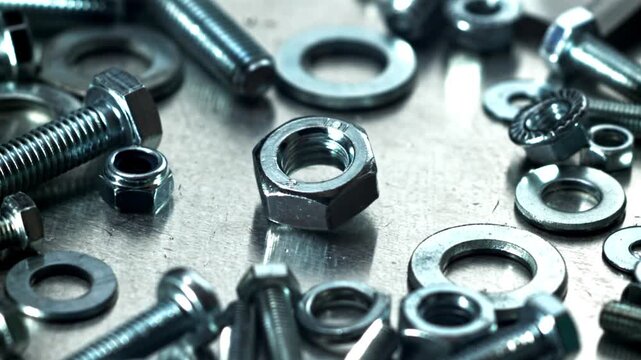 Macro nut sitting among scattered fasteners on textured bench, crisp Filmed on a high-speed camera at 1000 fps.