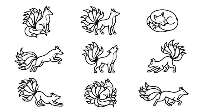 Collection of nine-tailed fox kitsune line art icons in various poses including jumping, sleeping, and howling for Japanese mythology graphic design.