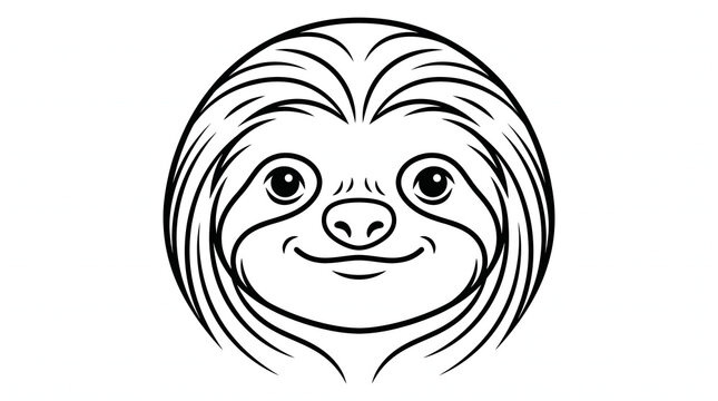 Cute smiling sloth face head line art illustration for kids coloring book, minimalist animal character icon design isolated on white background.