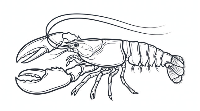 Minimalist black and white line art illustration of a lobster or crayfish with large claws and long antennae isolated on white.