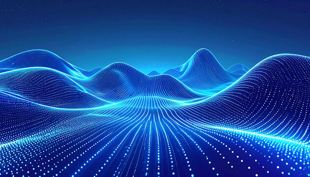 Abstract glowing blue digital landscape with data points forming hills and valleys, representing big data and network connections, clean futuristic concept