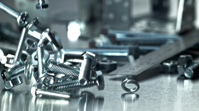 Assorted screws, nuts and washers scattered with ruler on reflective Filmed on a high-speed camera at 1000 fps.