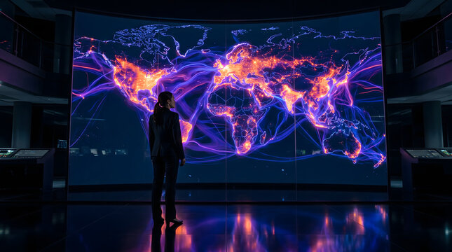 Professional woman standing in a dark command center observing a large glowing digital map displaying complex international network connections with vibrant orange and purple light trails across the d