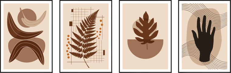 Boho Abstract Wall Art Posters Vector Illustration Set With Botanical Shapes Neutral Tones And Minimal Contemporary Design © Shekhor studioBD
