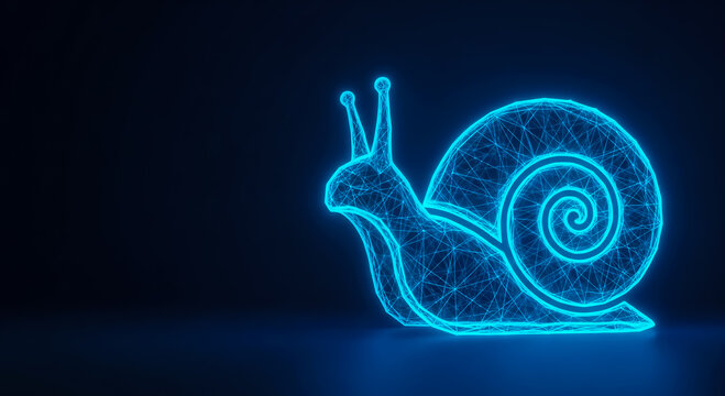 A stylized snail with a glowing blue neon outline and intricate patterns on its shell, set against a dark, contrasting background.