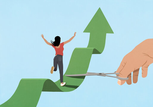 Hand with scissors cutting green arrow path in front of carefree, oblivious running woman