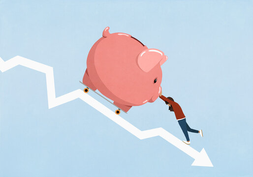 Woman trying to push piggybank on skateboard up downward arrow
