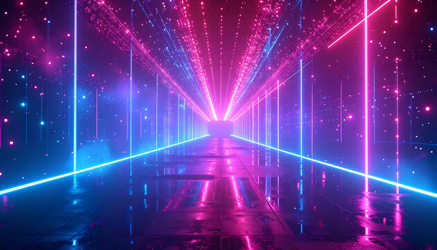 Abstract glowing neon tunnel perspective with pink and blue lights, moving forward through digital data stream, futuristic cyberspace.