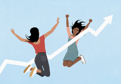 Carefree young women jumping for joy next to ascending arrow on blue background