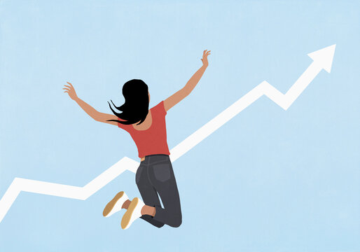 Happy woman jumping for joy next to ascending arrow