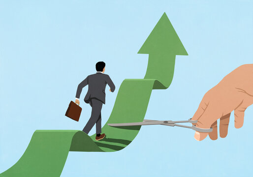 Hand with scissors cutting green arrow path in front of businessman on the move