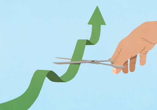 Hand with scissors cutting ascending green arrow against blue background