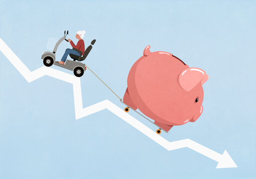 Senior woman in motorized wheelchair trying to tow piggybank on skateboard up descending arrow