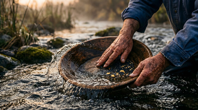 Weathered prospector hands carefully washing a rustic wooden pan filled with sparkling gold nuggets and dark river sediment while working in the flowing cold water of a scenic mountain stream