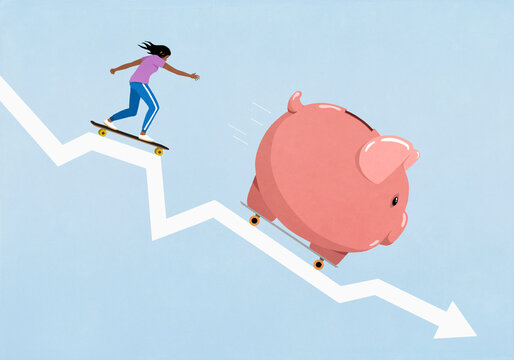 Woman on skateboard chasing large piggy bank on skateboard speeding down falling arrow