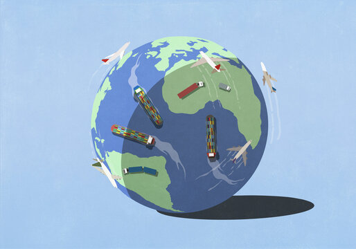 Airplanes, cargo ships, and semi-trucks circling globe in busy commercial activity