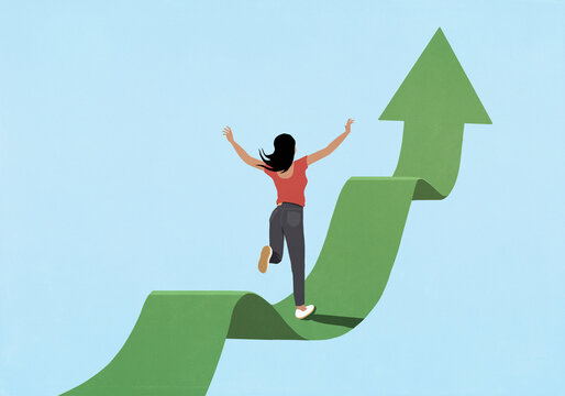 Excited woman running on ascending green arrow against blue background
