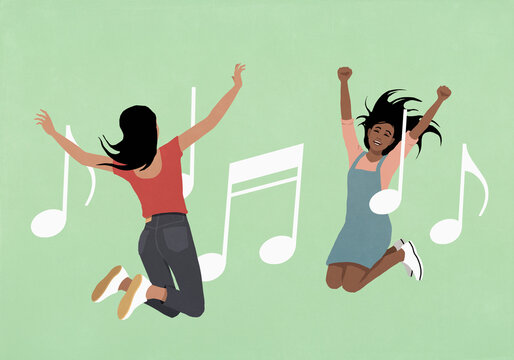 Carefree young woman dancing and jumping among music notes on green background