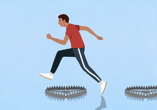 Man running and jumping over bear traps on blue background
