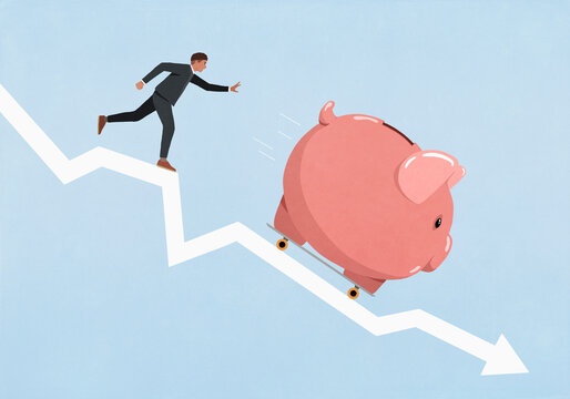 Businessman chasing piggy bank on skateboard speeding down falling graph arrow