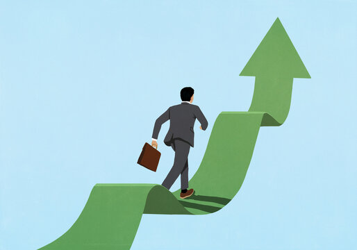 Businessman running up ascending green arrow ribbon against blue background