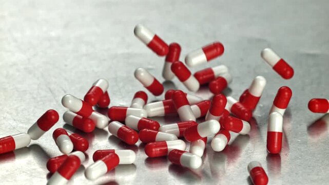 Red white capsules scattered on metal, closeup of pharmacist inventory Filmed on a high-speed camera at 1000 fps.