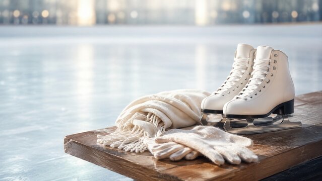 Paired Skates in an Ice Rink figure bench gloves indoor artificial lighting sports equipment commercial