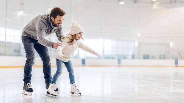A young girl and an adult man rollerblading in a brightly lit indoor rink family winter sports promotion