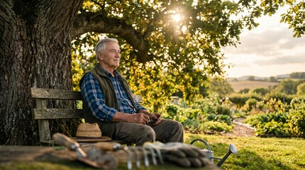 Fototapeta premium Elderly man relaxing on a bench in a garden at sunset