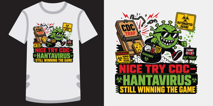 Hantavirus outsmarting cdc trap cartoon illustration for urban streetwear t-shirt graphics.