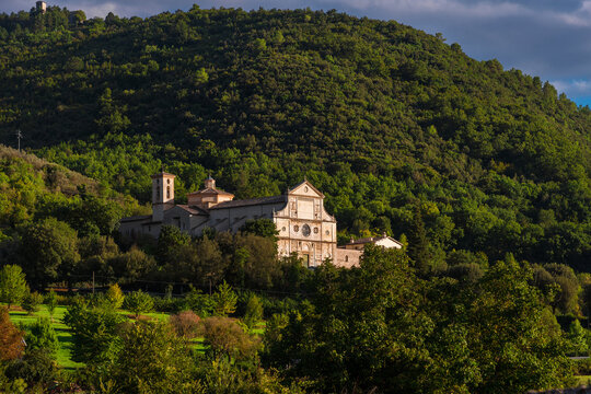 St Peter Extra Moenia ancient church with romanesque facade in Spoleto beautiful countryside