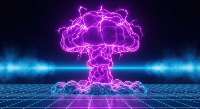 a purple mushroom cloud with blue lights illustration