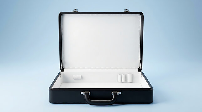 A black briefcase lies open on a blue surface