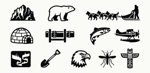 Alaskan culture and arctic wilderness flat vector icons for regional branding © 777SKYLABS