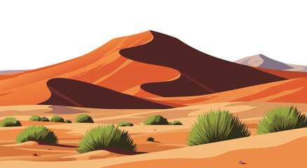 Vibrant desert landscape vector illustration with rolling sand dunes and sparse green shrubs under a clear sky, perfect for travel and nature themes © Purnomo