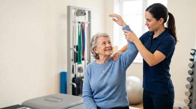 Physical therapist assists an elderly woman with arm exercises in a clinic