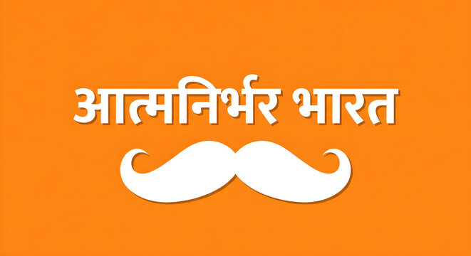 White mustache symbol with Hindi text on orange background for self-reliant India concept