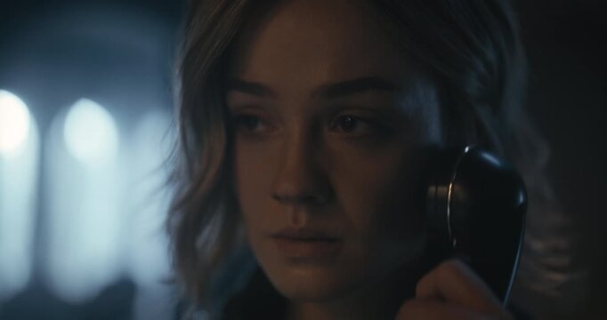 Young woman putting rotary phone receiver to his ear and grows more scared as the power goes out - closeup shot