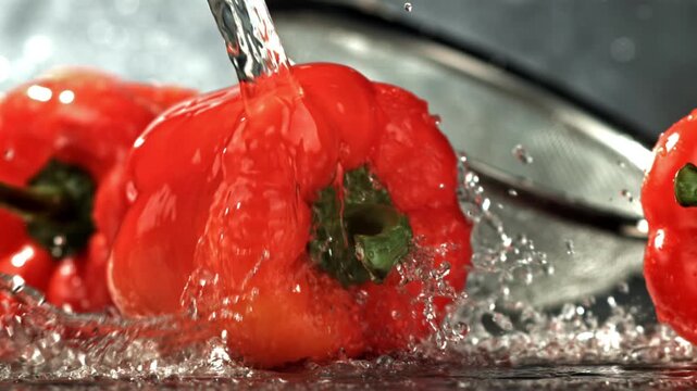 Closeup pepper stem with water, intense macro focus on texture Filmed on a high-speed camera at 1000 fps.