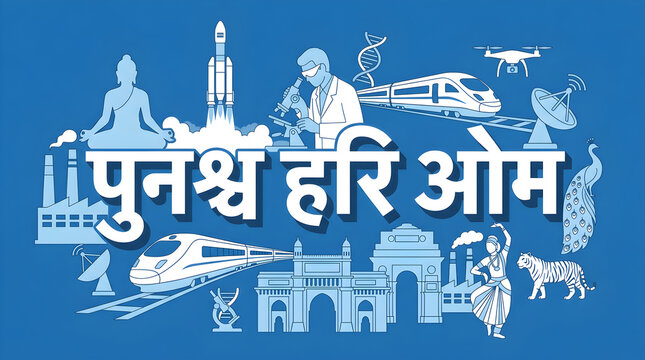 Hindi script Om symbol with cultural and technological icons on blue background