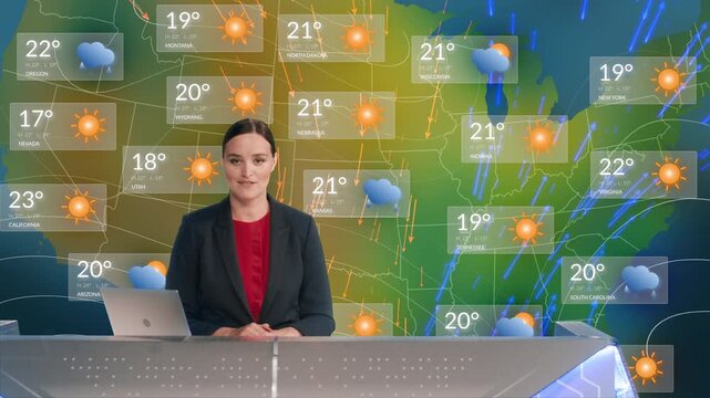 Female Weather Reporter Presents Daily Weather Forecast From a News Desk, Delivering Temperature Updates and Climate Conditions. Behind Her, a US Map Displays Weather Icons Across States.