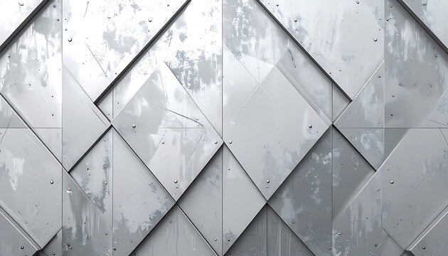 abstract geometric pattern with distressed texture, silver and white squares, metallic surface, clean modern background