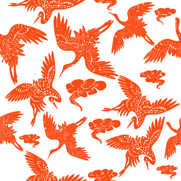 Red Japanese Crane Pattern with Clouds, Traditional Asian Style