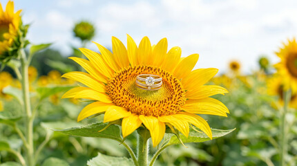 Fototapeta premium Wedding rings on sunflowers in a bright field under blue sky 
