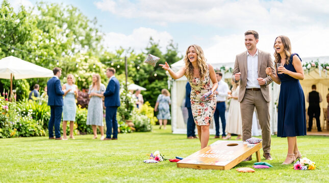 Wedding guests playing lawn games during summer celebration outside  