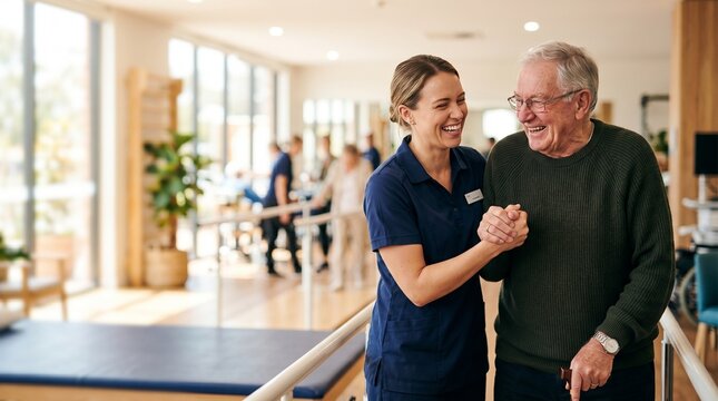 Therapist assisting elderly man during rehabilitation